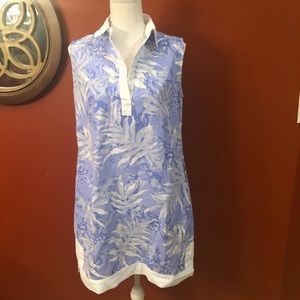 Tizzie Blue White Tropical Linen Tunic Dress